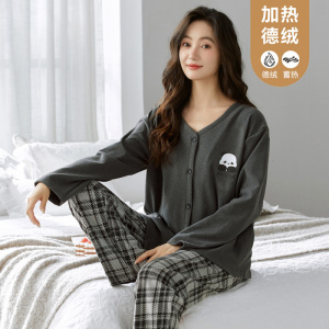 德绒睡衣女秋冬季加厚保暖套装卡通韩版和服开衫可外穿家居服套装
