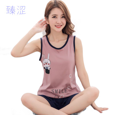 睡衣女夏背心短裤女士无袖睡衣韩版薄款可外穿宽松家居服套装臻涩