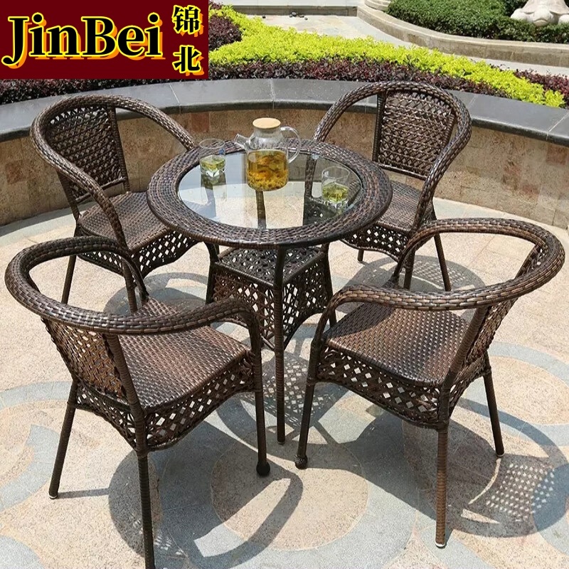 锦北藤椅阳台桌椅室外庭院藤编椅子花园茶几藤椅组合 4椅+80透明圆桌