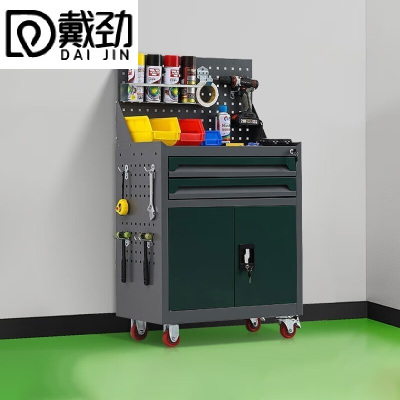 戴劲工具车移动维修收纳柜工具架多功能工具箱五金工具柜灰绿二抽带网