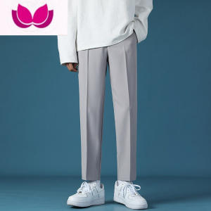 七斓黑色垂坠感小西裤男士宽松直筒休闲裤dk韩版潮流九分西装裤子