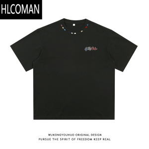HLCOMAN美式潮牌刺绣设计感短袖T恤男夏季复古宽松情侣体恤