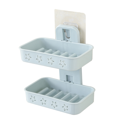满99减30元-创意双层肥皂盒壁挂吸盘沥水香皂盒静电贴式卫生间洗衣皂架免打孔竖款蓝色