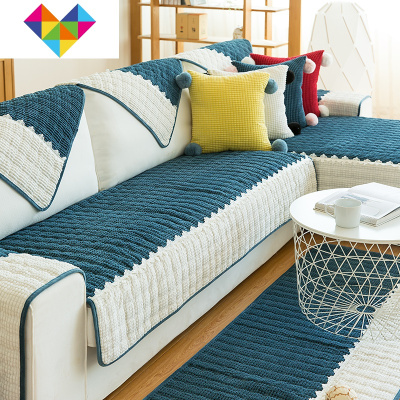 北欧简约沙发垫防滑布艺四季通用实木真皮套巾罩时尚样板间坐垫子芙蓉-孔雀蓝110*160御蓝锦