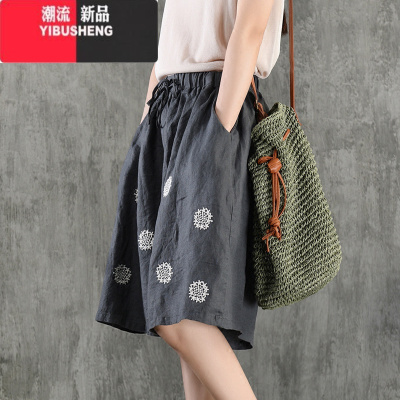 YIBUSHENG设计感高腰短裤子2024新款女大码宽松阔腿休闲裤刺绣直筒五分裤