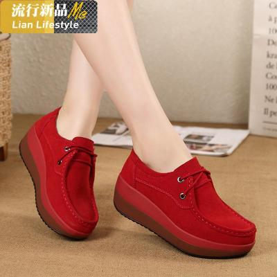 摇摇鞋厚底真皮松糕跟春秋增高式豆豆鞋坡跟一脚蹬软妈妈女士单鞋知义(ZHIYI)休闲鞋