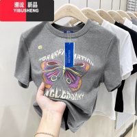 YIBUSHENG欧洲站短袖t恤女欧货季新款潮牌蝴蝶印花短款上衣女半袖