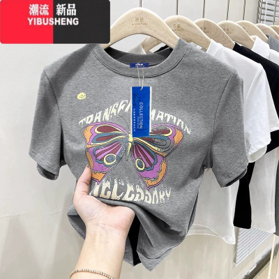 YIBUSHENG欧洲站短袖t恤女欧货季新款潮牌蝴蝶印花短款上衣女半袖