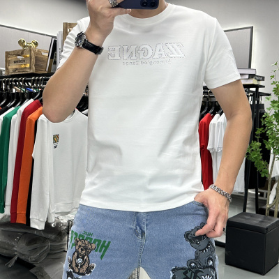 夏季新款立体字母烫钻短袖T恤男士圆领半袖打底衫丝光棉潮流时尚