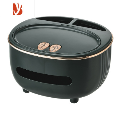 三维工匠桌面纸巾盒抽纸盒家用客厅轻奢创意多遥控器收纳盒餐巾纸盒子 墨绿色金边[多功能/分格收纳]