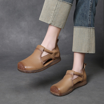 头层牛皮复古方头凉鞋女2025夏季新款平底中空舒适休闲软面凉鞋