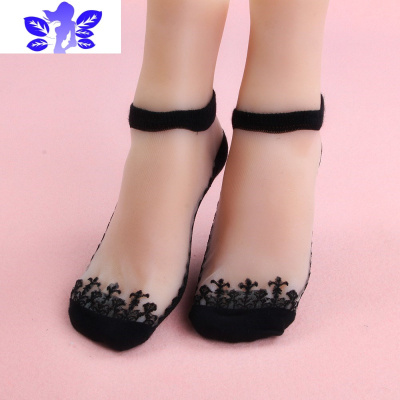 Ideamini玻璃丝袜短袜女夏季薄款棉底防滑浅口船袜蕾丝花边隐形袜女袜子