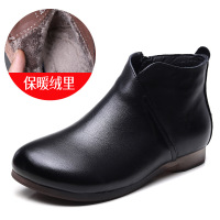 头层牛皮方头复古妈妈鞋冬季新款加绒保暖短靴女软底舒适皮靴