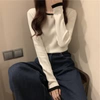 间色打底T恤女秋季新款长袖小众设计感修身圆领短款薄款上衣