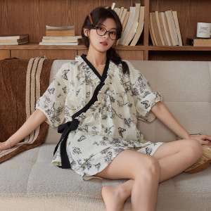 带胸垫睡衣女夏季云朵棉短袖短裤休闲风开衫绑带可外穿家居服套装