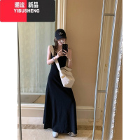 YIBUSHENG韩系气质方领A字收腰吊带连衣裙女灰色简约内搭打底背心长裙季