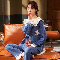 睡衣女士秋冬季棉质长袖开衫翻领华夫格家居服卡通甜美套装可外穿