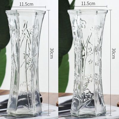 三维工匠加厚玻璃花瓶富贵竹百合插花瓶欧式大号透明花器客厅装饰插花摆件30六角竹叶+梅花-大