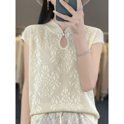 复古镂空提花薄款短袖T恤女夏季新款中国风盘扣旗袍领短袖女