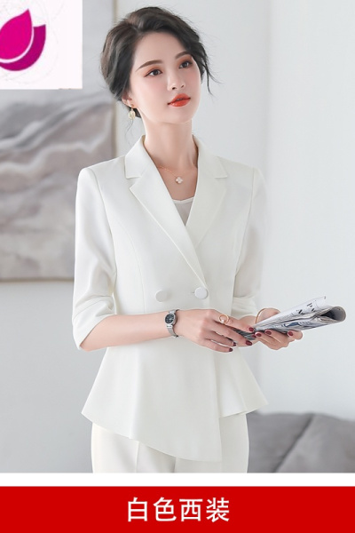 七斓白色职业西装套装气质女夏季薄款高端美容院店长美容师工作服套裙