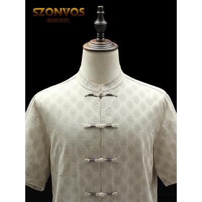 中国风中式盘扣夏季唐装中老年爸爸提花亚麻父亲夏装套装