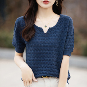 夏季针织短袖低领纯色棉麻T恤女圆领套头背心勾花女装