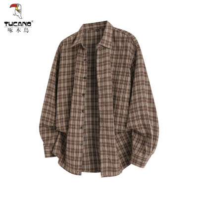 啄木鸟美式复古棕色格子衬衫男夏季穿搭纯棉格纹长袖衬衣内搭上衣