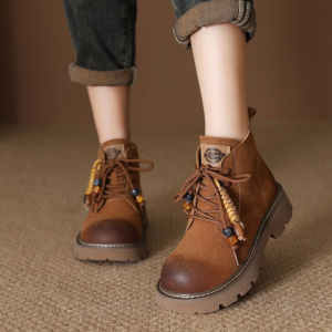 头层牛皮新款春秋马丁靴女英伦风潮酷粗跟复古流苏系带短靴