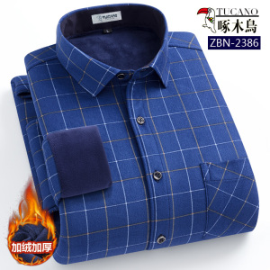 啄木鸟秋冬一体绒保暖衬衫男加绒加厚中老年爸爸加肥加大纯棉衬衣