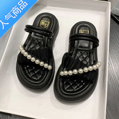 SUNTEK仙女风两穿凉拖女2023年春季新款厚底小清新外穿凉鞋罗马一字拖女