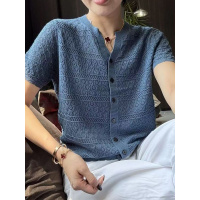 冰丝圆领纯色短袖针织开衫上衣韩系设计感镂空百搭显瘦女打底衫