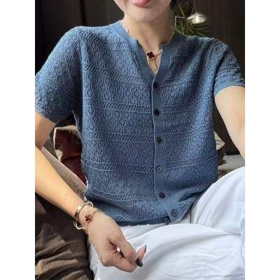 冰丝圆领纯色短袖针织开衫上衣韩系设计感镂空百搭显瘦女打底衫