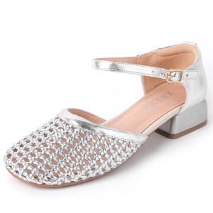 复古舒适透气百搭镂空编织夏季粗低跟圆头韩版中空包头凉鞋女