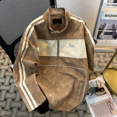 男装新款撞色立领PU皮衣男美式复古宽松痞帅机车风皮夹克男士外套