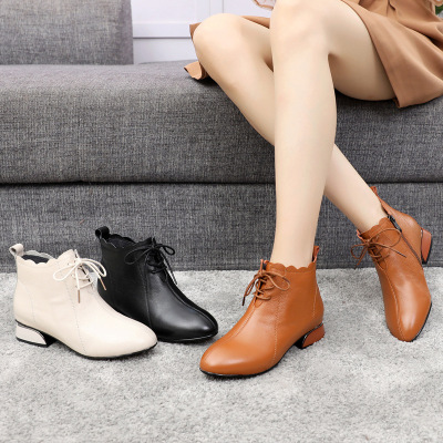 单鞋2021秋款小短靴粗跟平底系带头层牛皮马丁靴夏季薄款大码女鞋