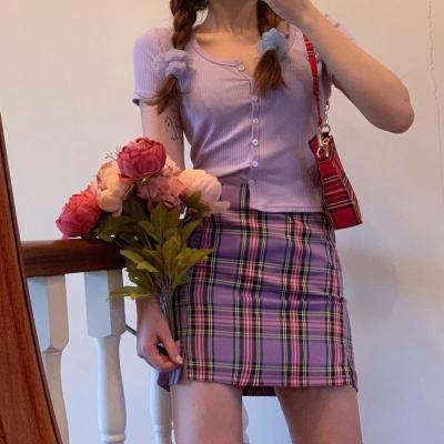 枫述夏季bm风裙子韩版a字高腰紫色短裙子复古格子开叉包臀半身裙女潮