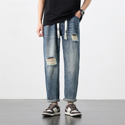 抽绳腰破洞牛仔男裤日系Retro宽松锥形九分裤潮男乞丐老爹裤