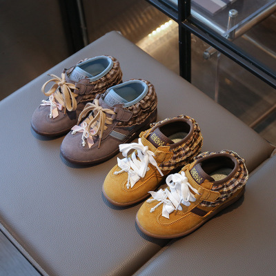 年秋款格子花边女童德训鞋软底舒适中小童运动鞋绒皮儿童单鞋