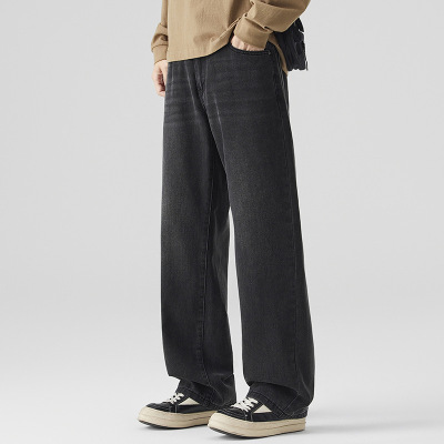垂坠感阔腿牛仔裤男黑灰渐变做旧宽松直筒美式复古风牛仔长裤