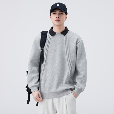 |秋季款高品质男士翻领长袖POLO衫卫衣翻领条纹设计感简约