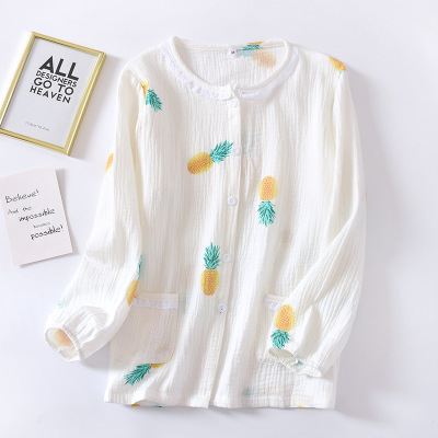 HLCOMAN春夏薄款女士睡衣单件上衣棉纱布长袖翻领家居服外套空调小开衫