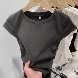 含棉 不规则小飞袖短袖T恤女夏新款收腰修身显瘦设计感短款上衣潮