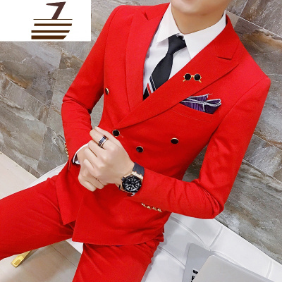 NEWLAKE男士夜场双排扣西服套装男韩版修身大红色演出礼服主持人舞台西装