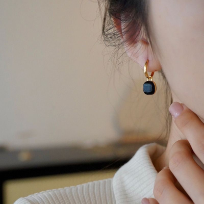 s925银法式方形滴釉耳扣2024新潮复古名媛设计感两戴轻奢百搭耳坠送女朋友老婆情人节七夕生日礼物