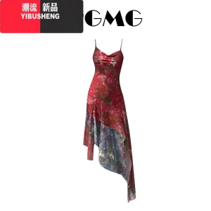 YIBUSHENG红色碎花不规则网纱吊带裙女春季新款复古小众设计连衣裙沙滩长裙