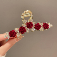 新年红色玫瑰发夹女2023新款后脑勺盘发抓夹大号鲨鱼夹高级感头饰送女朋友老婆情人节七夕生日礼物