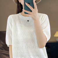 春夏薄款镂空中袖针织衫女新款五分袖圆领宽松外穿半袖提花打底衫