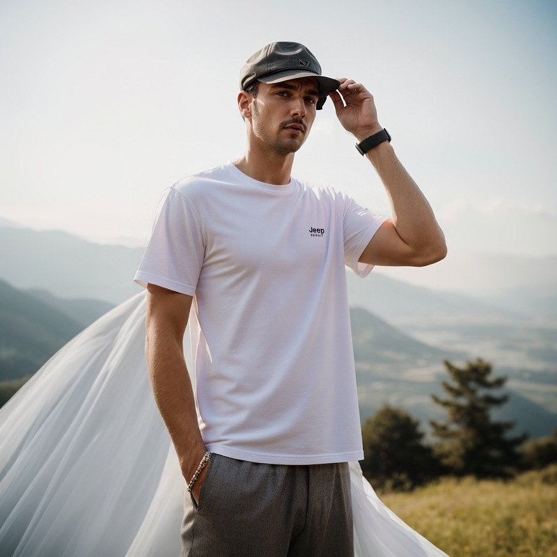 JEEP SPIRIT体闲纯色上衣短袖圆领T恤刺绣薄款宽松运动体恤衫