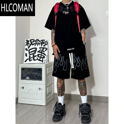 HLCOMAN大码300斤短裤男夏季美式高街复古运动裤子火焰潮牌休闲五分卫裤2