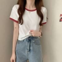 撞色圆领短袖T恤女年新款夏季打底衫韩版修身短款学生上衣潮